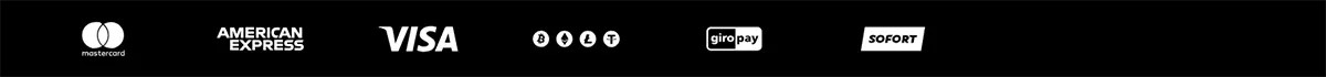 Payment methods strip featuring Mastercard, American Express, Visa, cryptocurrency icons, giropay, and Sofort logos on a black background.