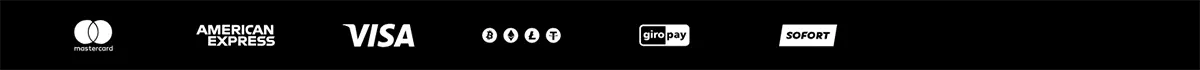 Payment methods strip featuring Mastercard, American Express, Visa, cryptocurrency icons, giropay, and Sofort logos on a black background.