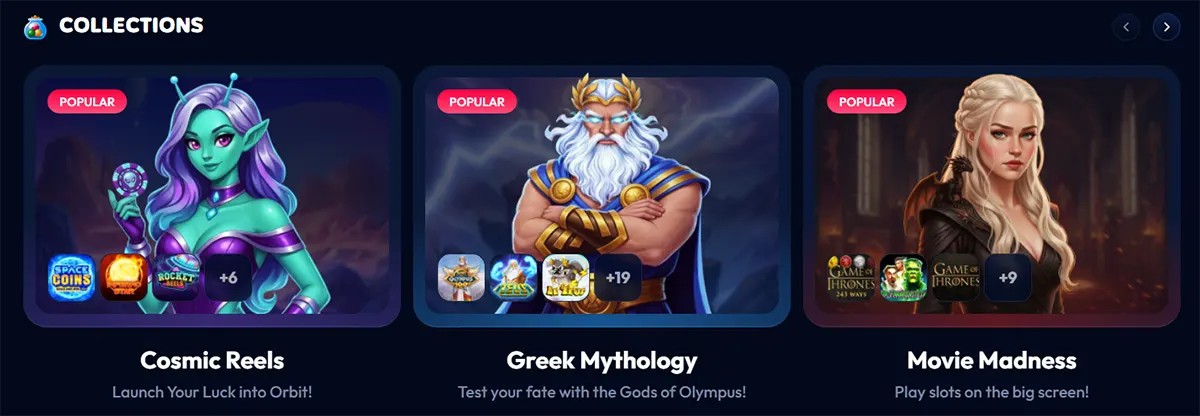 Casino game collections section featuring themed slot categories for Cosmic Reels, Greek Mythology, and Movie Madness with illustrated fantasy characters on a dark blue background.