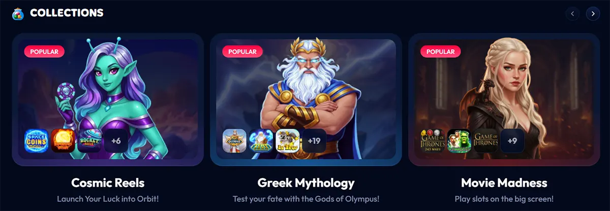 Casino game collections section featuring themed slot categories for Cosmic Reels, Greek Mythology, and Movie Madness with illustrated fantasy characters on a dark blue background.