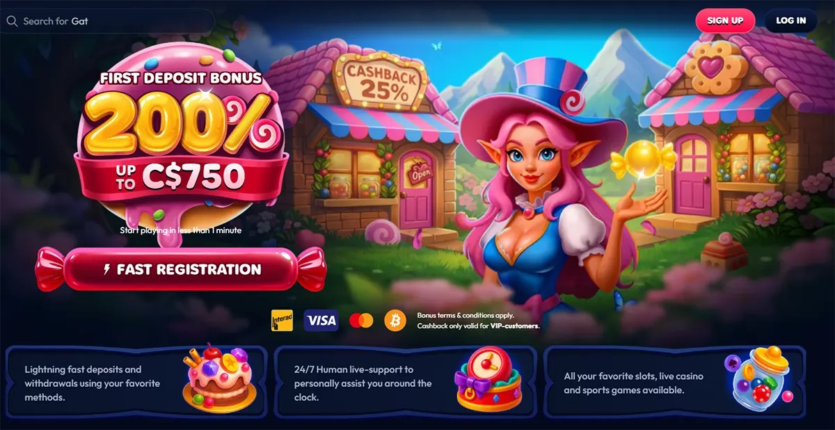Casino homepage hero banner featuring a pink-haired fantasy mascot, a large 200% first deposit bonus up to C$750, fast registration button, payment icons, and candy-themed village artwork.