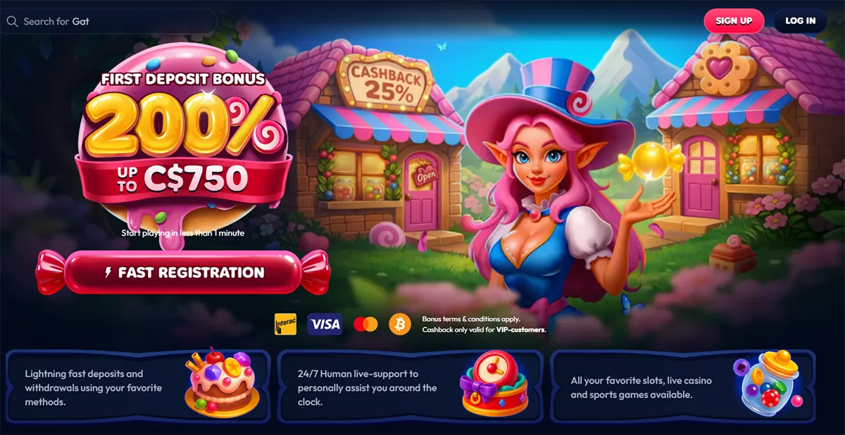 Casino homepage hero banner featuring a pink-haired fantasy mascot, a large 200% first deposit bonus up to C$750, fast registration button, payment icons, and candy-themed village artwork.