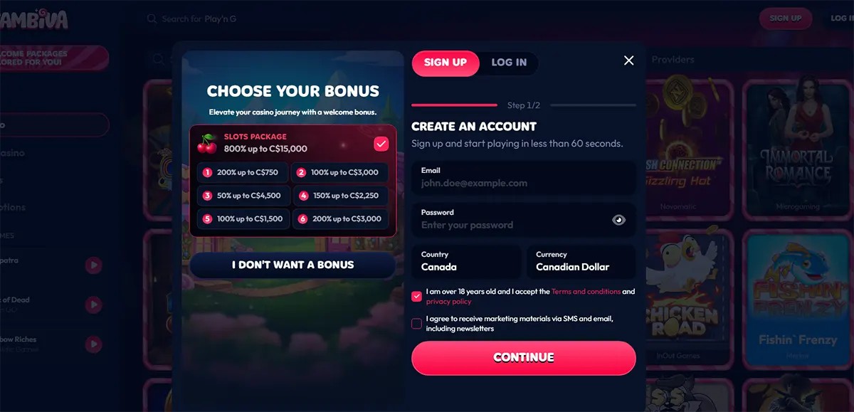Casino sign-up modal showing a choose-your-bonus panel, registration form fields, and a bright pink continue button over a dark slot-game background.