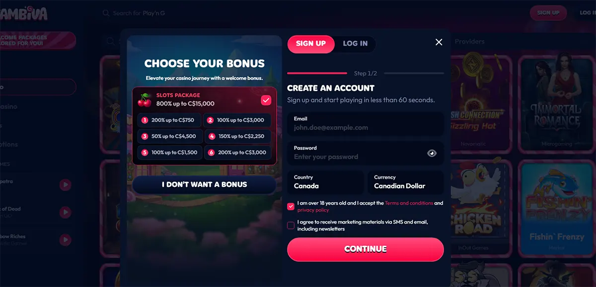 Casino sign-up modal showing a choose-your-bonus panel, registration form fields, and a bright pink continue button over a dark slot-game background.